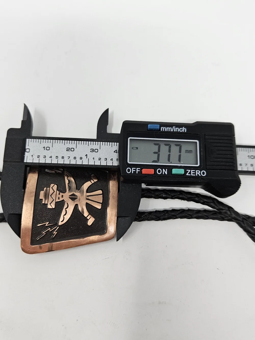 BELL TRADING POST Thunderbird Solid Copper BOLO Tie w/ Black leather Lacing Vtg